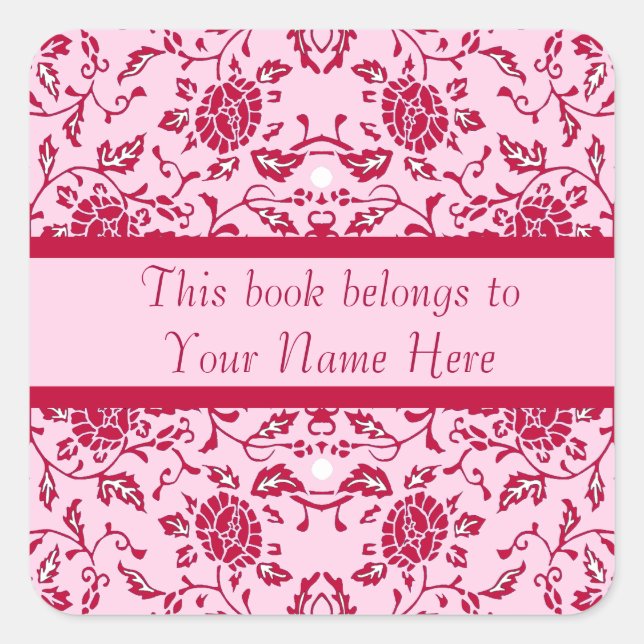 Elegant Flowery Pink and Red Damask Square Sticker (Front)