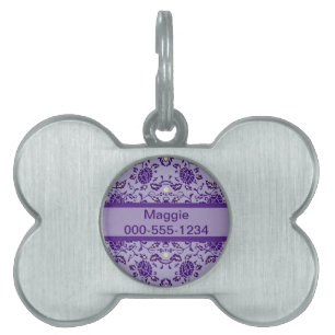 Elegant Flowery Purple Damask Pet Tag