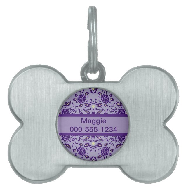Elegant Flowery Purple Damask Pet Tag (Front)