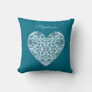 Elegant Flowery Teal Damask Heart Cushion