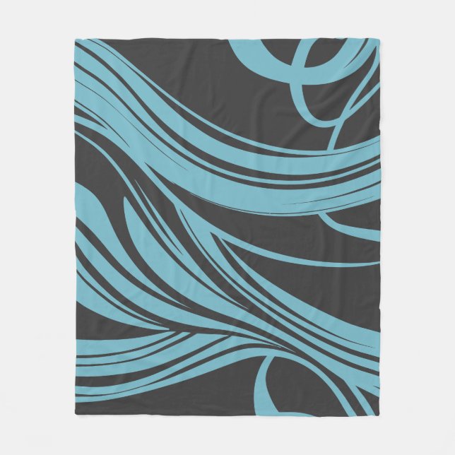 Elegant Flowing Lines in Turquoise on Black Fleece Blanket (Front)
