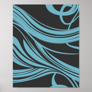 Elegant Flowing Lines in Turquoise on Black Poster