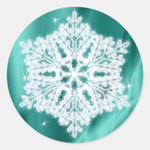 Elegant Fluffy Snowflake Teal Green Faux Sparkles Classic Round Sticker