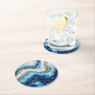Elegant Fluid Art Decorative Tiles – Abstract Blue Round Paper Coaster