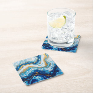 Elegant Fluid Art Decorative Tiles – Abstract Blue Square Paper Coaster