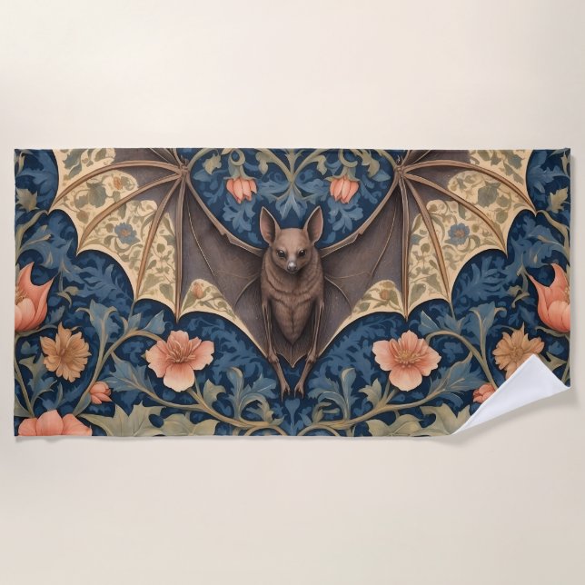 Elegant Flying Bat William Morris Inspired Floral Beach Towel (Front)