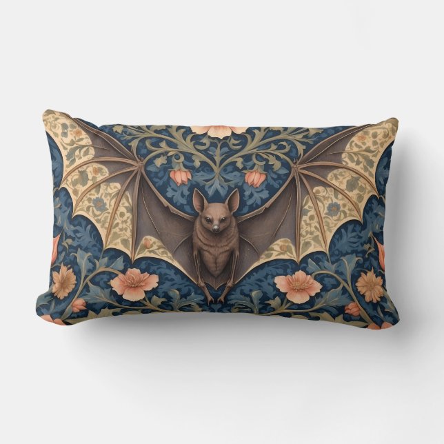 Elegant Flying Bat William Morris Inspired Floral Lumbar Cushion (Front)