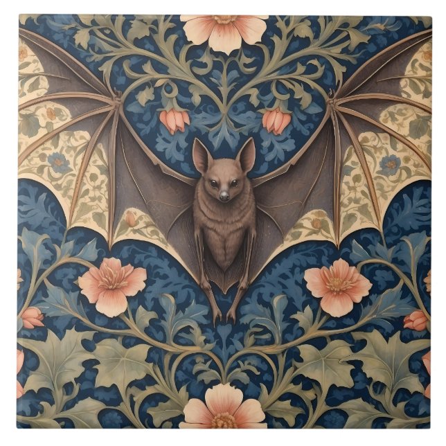 Elegant Flying Bat William Morris Inspired Floral Tile (Front)