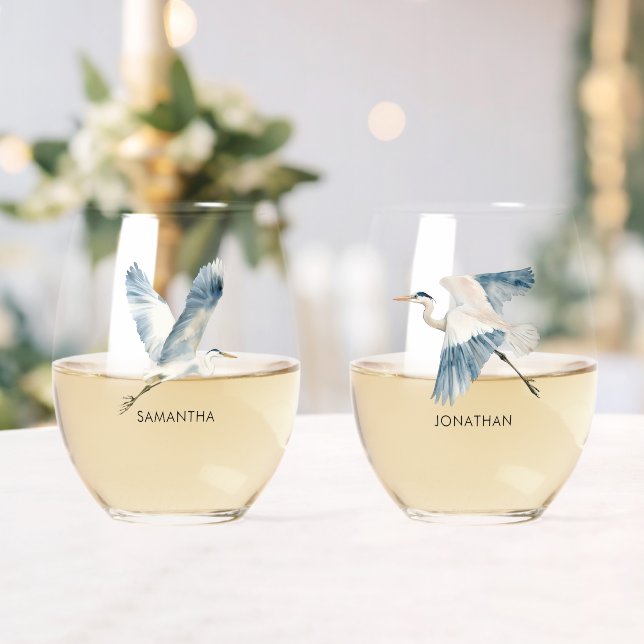 Elegant Flying Blue Herons Name Stemless Wine Glass (Insitu (Wedding))