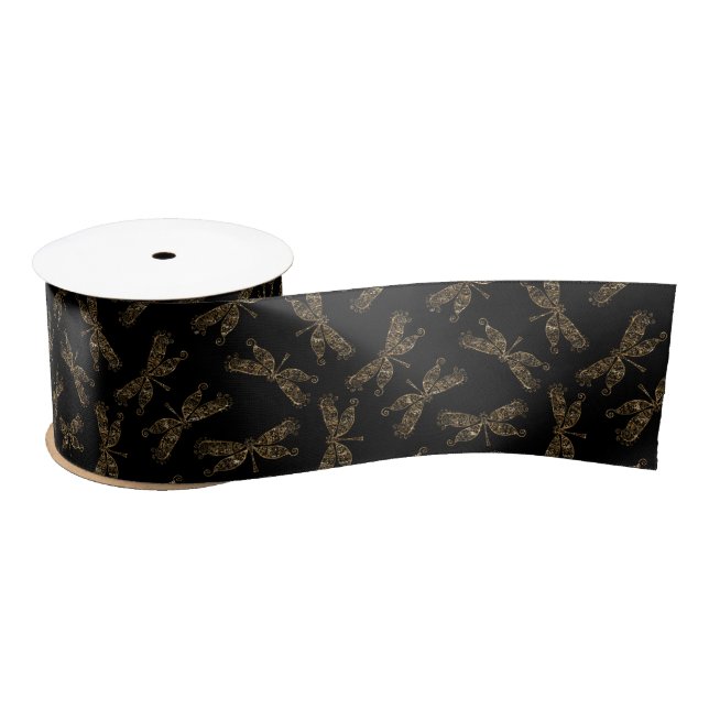 Elegant Flying Gold Dragonflies on Black Satin Ribbon (Spool)