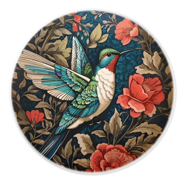 Elegant Flying Hummingbird William Morris Inspired Ceramic Knob (Front)