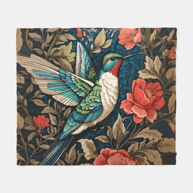 Elegant Flying Hummingbird William Morris Inspired Fleece Blanket (Front (Horizontal))