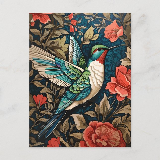 Elegant Flying Hummingbird William Morris Inspired Postcard (Front)