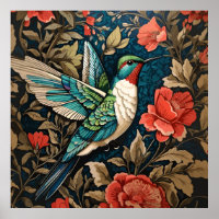 Elegant Flying Hummingbird William Morris Inspired