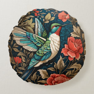 Elegant Flying Hummingbird William Morris Inspired Round Cushion