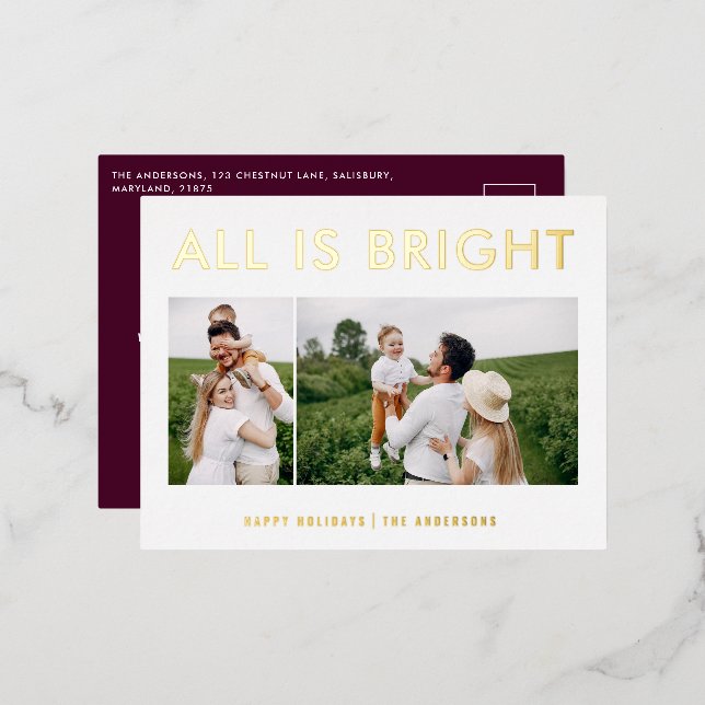 elegant foil 2 photo modern foil holiday postcard (Front/Back)