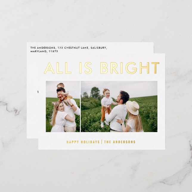 elegant foil 2 photo modern foil holiday postcard (Front/Back)