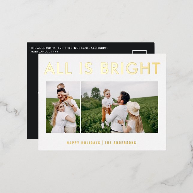 elegant foil 2 photo modern foil holiday postcard (Front/Back)