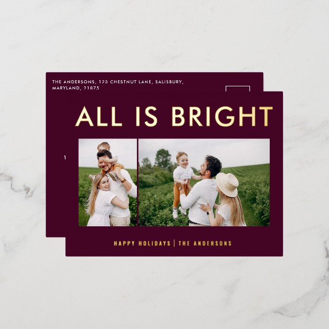 elegant foil 2 photo modern foil holiday postcard (Front/Back)