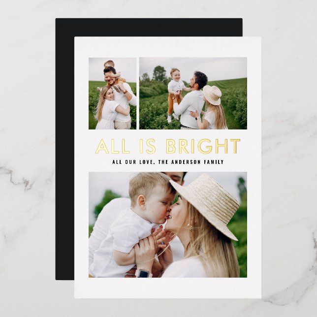 elegant foil 3 photo modern foil holiday card (Front/Back)