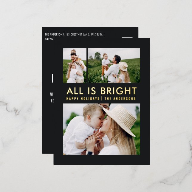 elegant foil 3 photo modern foil holiday postcard (Front/Back)