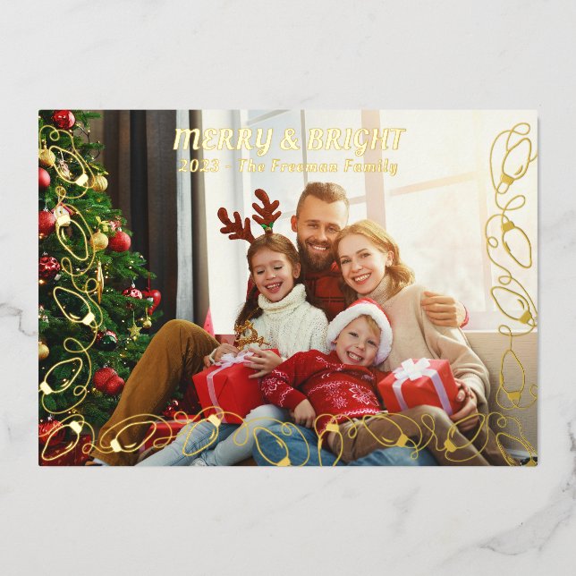 Elegant Foil Christmas Lights Photo Card (Front)