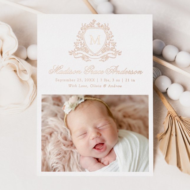 Elegant Foil Crest Monogram Birth Announcement (Creator Uploaded)