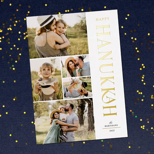 Elegant Foil Five Photo Collage Hanukkah Foil Holiday Card (Creator Uploaded)