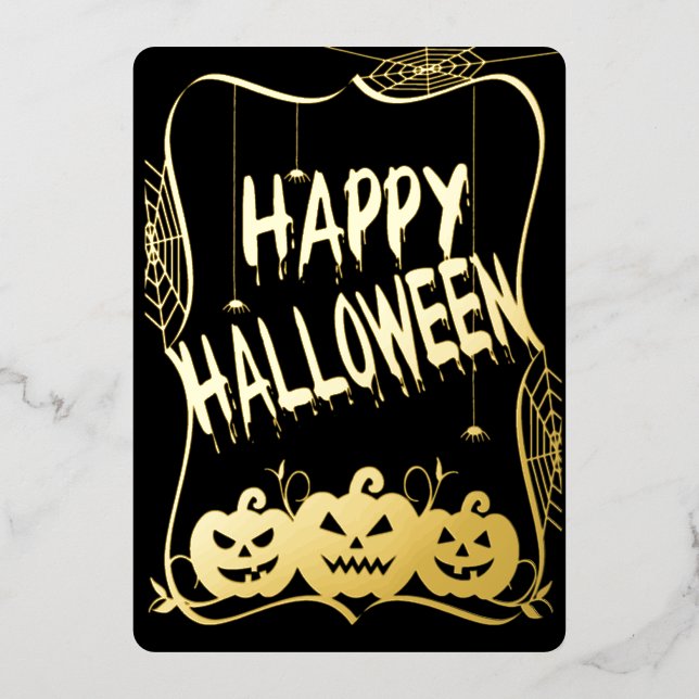 Elegant Foil Happy Halloween Jack O Lanterns Foil Holiday Card (Front)