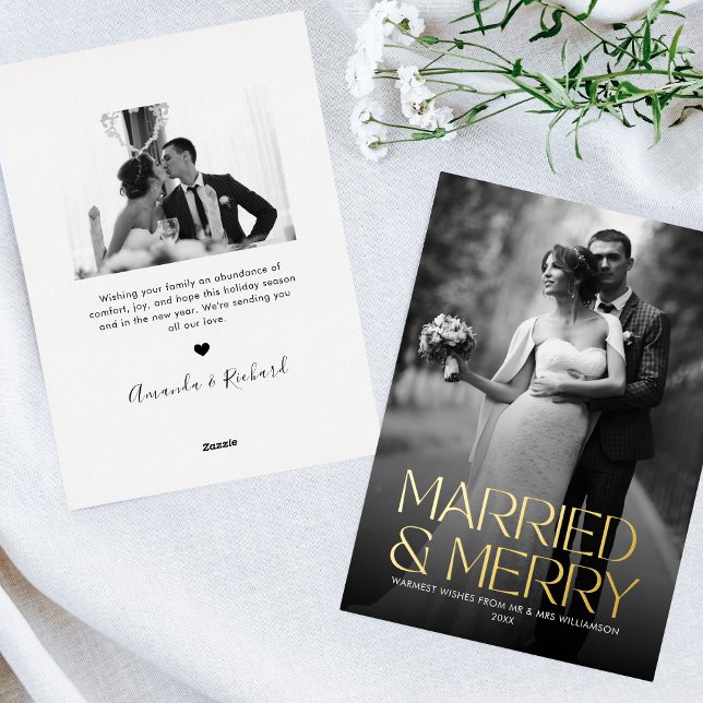 Elegant Foil Married and Merry Newlywed Photo Foil Holiday Card (Creator Uploaded)