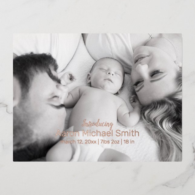 Elegant Foil Script Black & White Birth Postcard (Front)