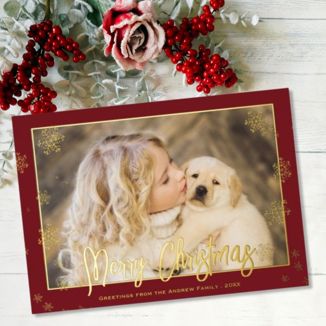 Elegant Foil Script Merry Christmas Photo Foil Holiday Card (Creator Uploaded)