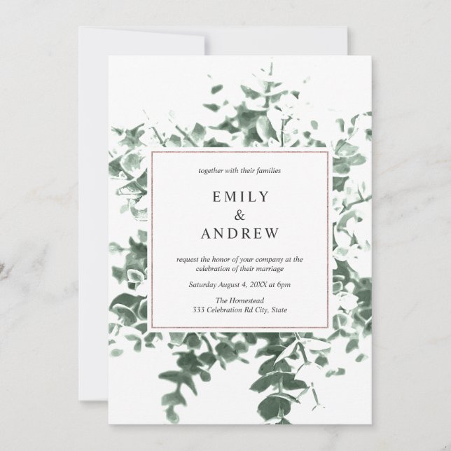 Elegant Foilage Greenery & Rose Gold Frame Wedding Invitation (Front)