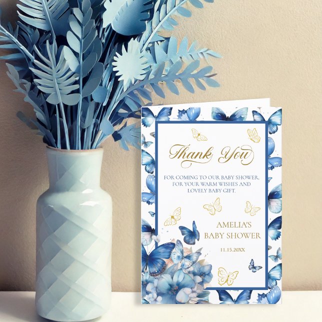 Elegant Folded Blue Butterfly Baby in Bloom Thank You Card (Creator Uploaded)