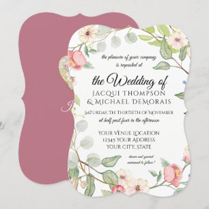 Elegant Foliage Berry Pink Watercolor Wild Flowers Invitation