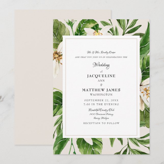 Elegant  Foliage Bride Parents Cream Wedding  Invitation (Front/Back)