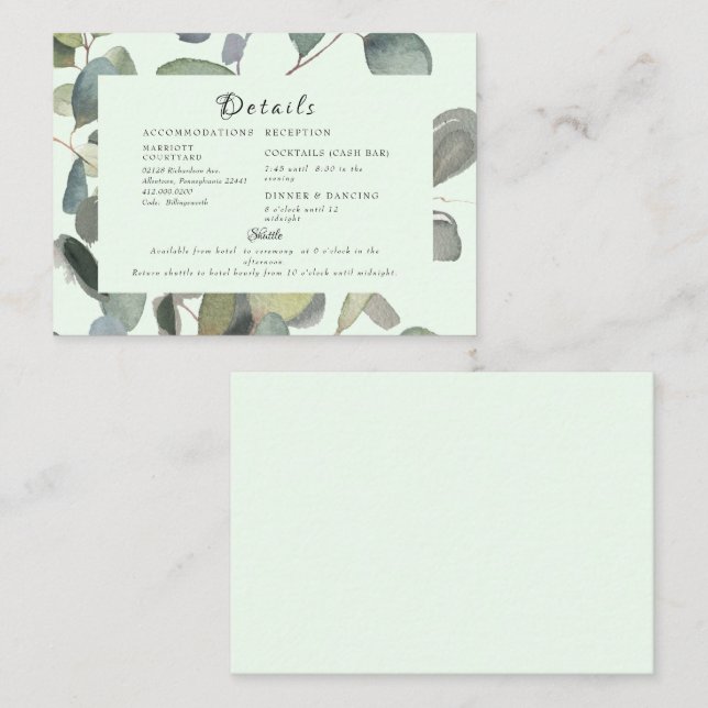 Elegant Foliage Cash Bar & Shuttle Mint Enclosure  Card (Front/Back)