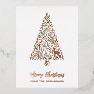 Elegant Foliage Christmas Tree   Little Deer  Foil Holiday Postcard