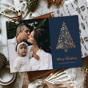Elegant Foliage Christmas Tree   Navy   Photo  Foil Holiday Card