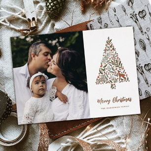 Elegant Foliage Christmas Tree   White   Photo   Foil Holiday Card