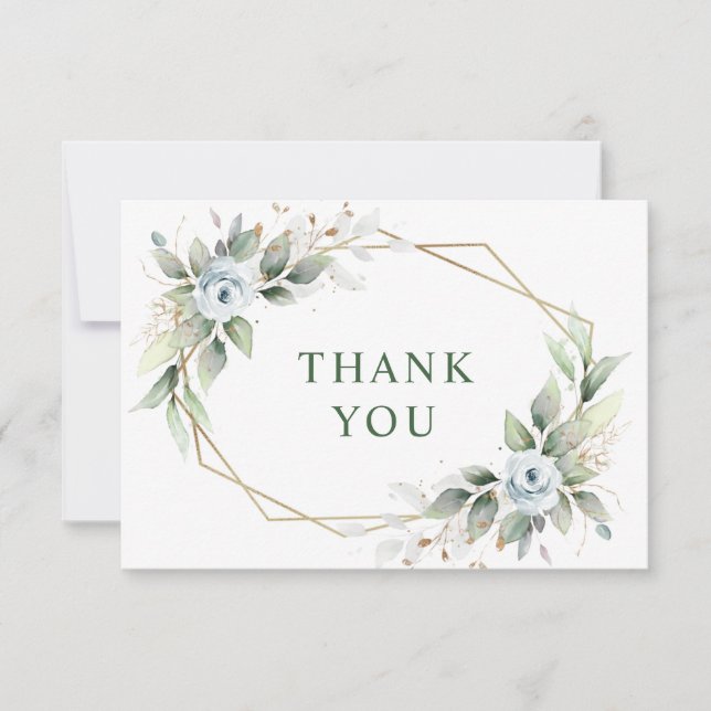 Elegant Foliage Dusty Blue Flowers Thank You Card (Front)