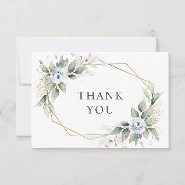 Elegant Foliage Dusty Blue Flowers Thank You Card | Zazzle
