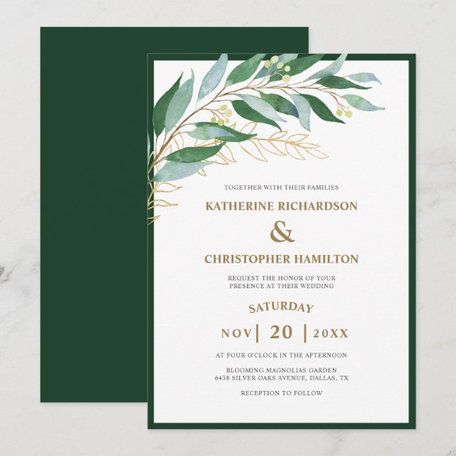 Elegant Foliage Forest Green Gold Leaf Wedding Invitation (Front/Back)
