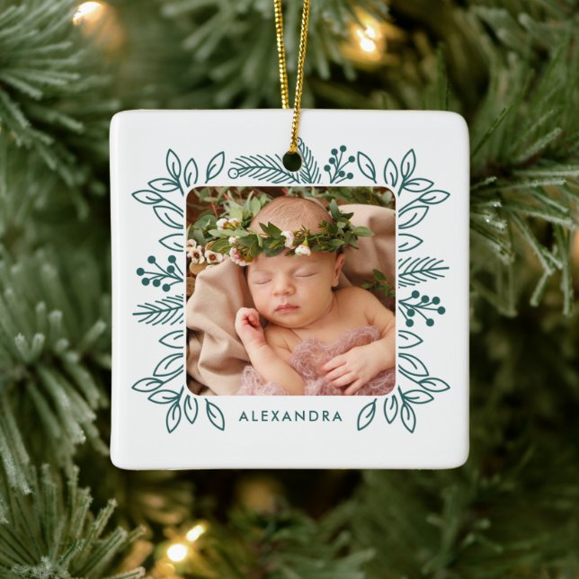 Elegant Foliage Frame First Christmas Teal Photo Ceramic Ornament (Tree)