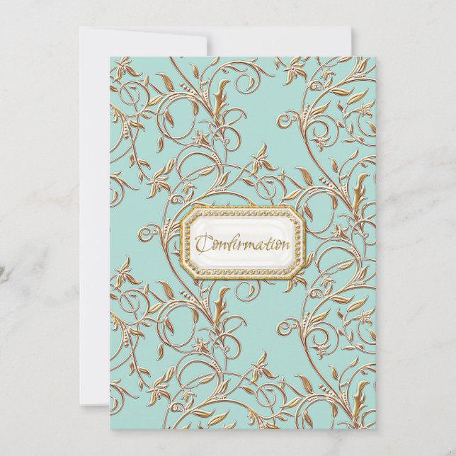Elegant Foliage Gold Aqua Girl Cross Confirmation Invitation (Front)