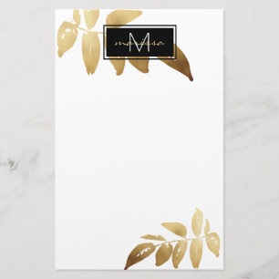 Elegant Foliage Gold Black White Monogram Stationery