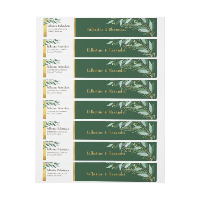 Elegant Foliage Gold Leaf Green Monogram Wedding Wraparound Address Label (Sheet)