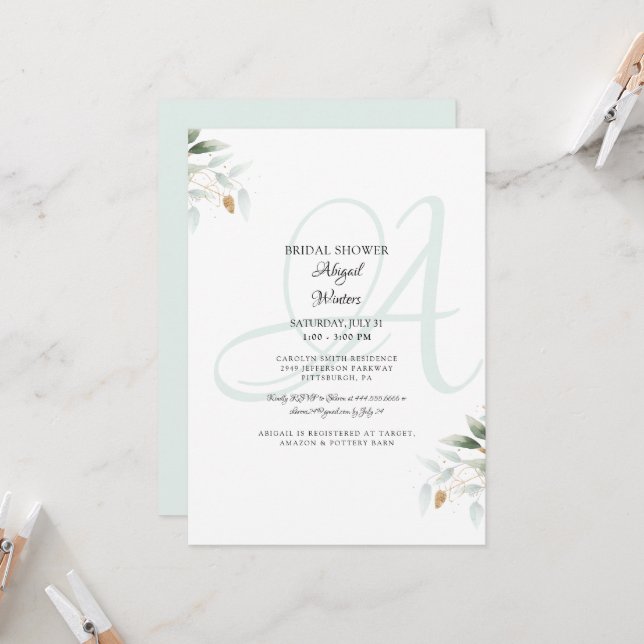 Elegant Foliage & Gold Sea Glass Bridal Shower Inv Invitation (Front/Back In Situ)