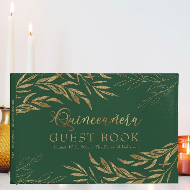Elegant Foliage Green and Gold Quinceanera Guest Book (Elegant Quinceanera Guest Book in emerald green from my Gold Leaf Collection)