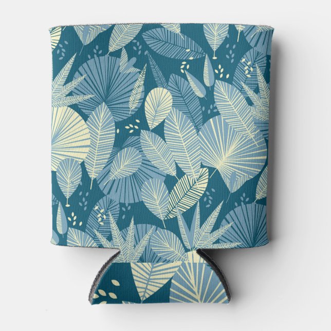 Elegant Foliage: Grey-Blue Tropical Pattern. Can Cooler (Front)